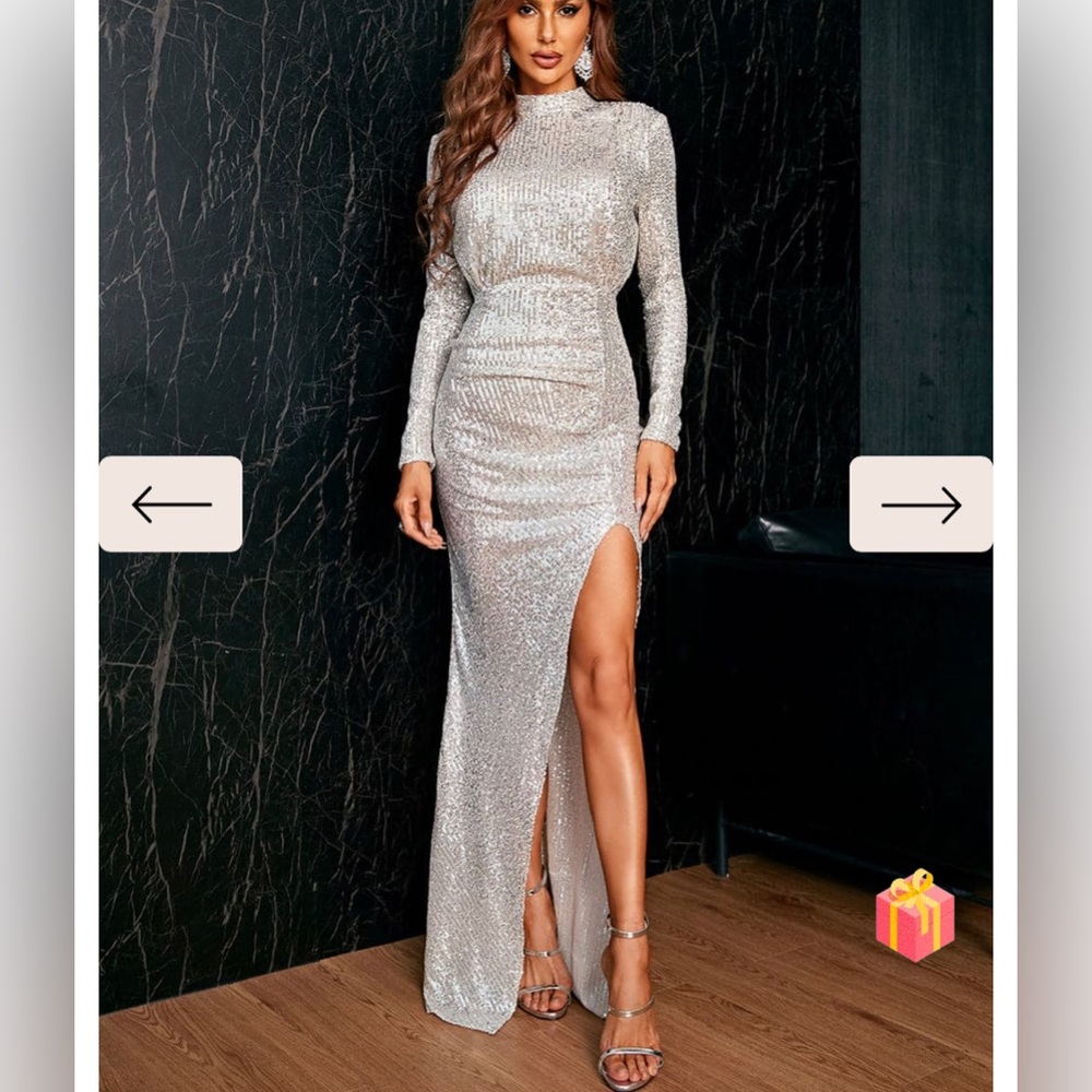 Slit Crew Neck Sequin Silver Dress